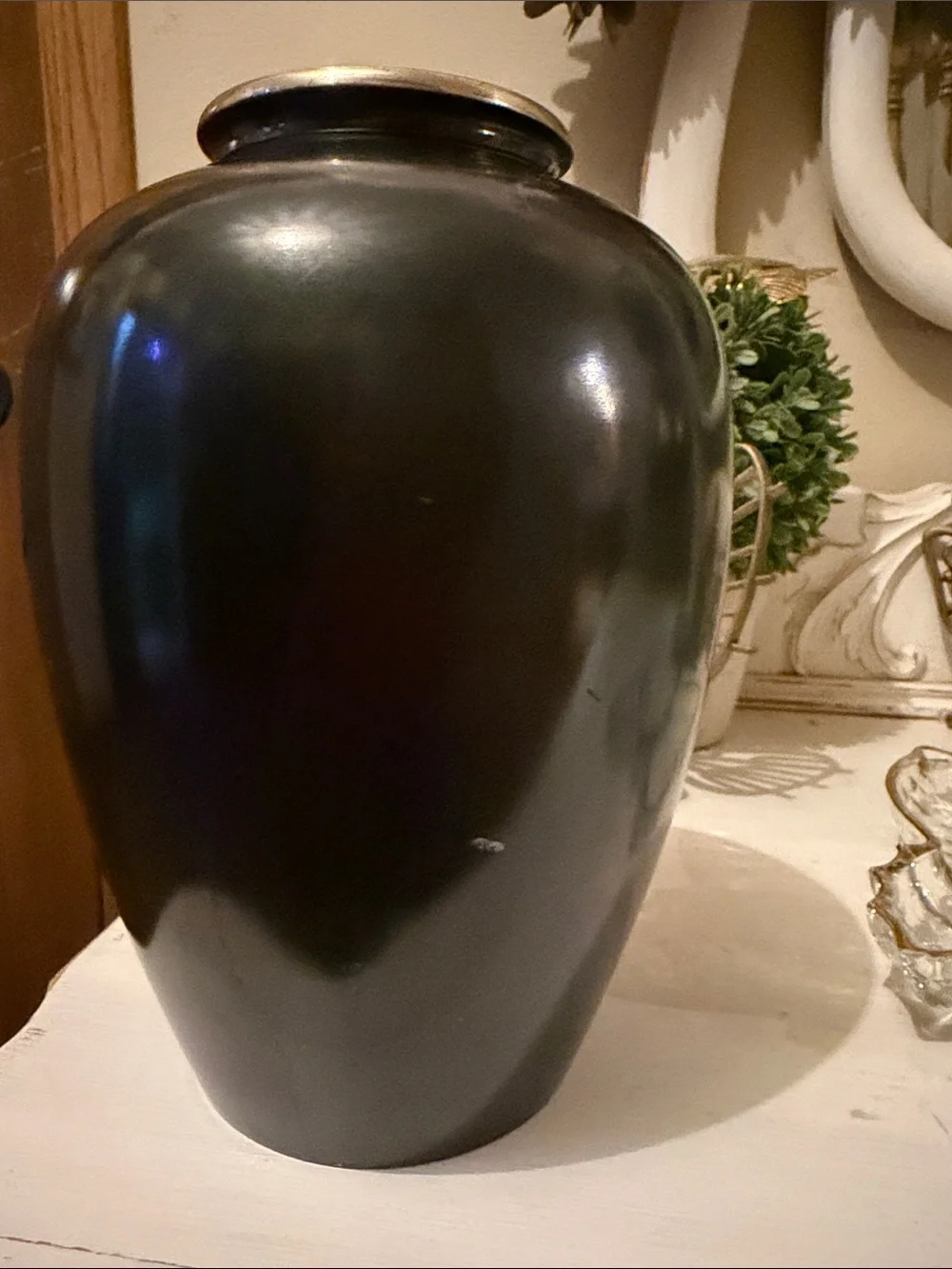 Vintage Japanese Black Mixed Metal Vase Flying Cranes Ikebana Urn
